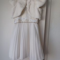 Girls Cream Dress with Faux Fur cropped shawl Size 8