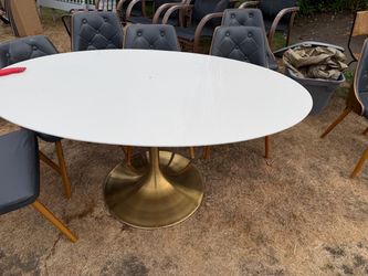 Oval Tulip Dining Table White Top Gold Base