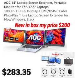 AOC 14" Laptop Screen Extender, Portable Monitor for 13”-17.3" Laptops 1080P FHD IPS Display, HDMI/USB-C Cable Plug-Play Triple Laptop Screen Extender