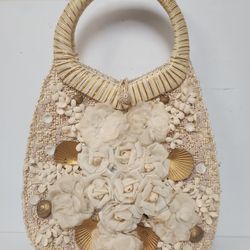 Vintage Nautical Gold Seashells White Floral Purse Handbag Made in Japan