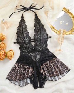 L-2xl Black Lace Leopard Print Lingerie Teddy