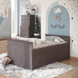 Brand New Grey Twin Size Captains Bed w Trundle Drawers