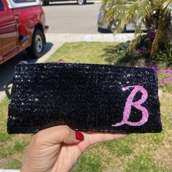 Liz Claiborne Wristlet Beaded Black Pink B Initial Purse