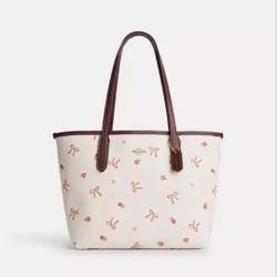 Coach Zip Top Tote With Bow Print CN627 Chalk/ Wine Burgundy 