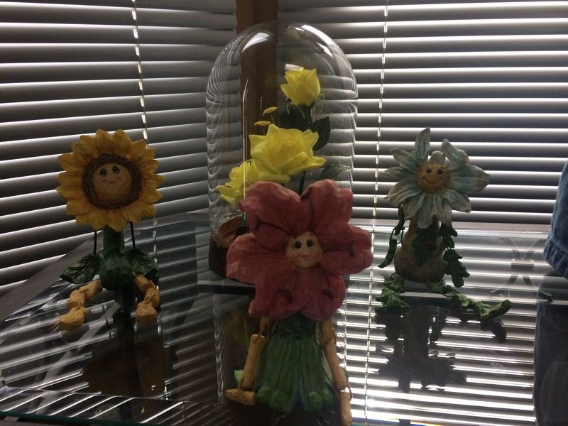 3 Cute Flower People Shelf Sitters and 1 Glass Dome Shaped Terrarium