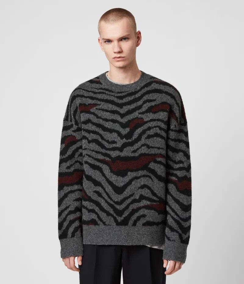 All Saints Tora Tiger Stripe Wool/Yak Blend Crew Neck Men's Sweater Size S ( Oversized Fit  )