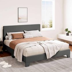 Queen Size Platform Bed Frame with Clean Line Fabric & Adjustable Headboard, Woo