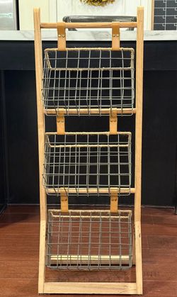 3-Tier Freestanding Wood and Wire Basket Rack