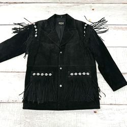 Vintage Mens High Noon Black Leather Suede Long Fringe Jacket Western Cowboy SzL