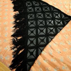 Crochet Black Leather Throw Shawl Wrap Patchwork Boho
