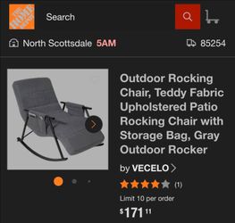 Outdoor Rocking Chair, Teddy Fabric Upholstered Patio Rocking Chair with Storage Bag, Gray Outdoor Rocker
