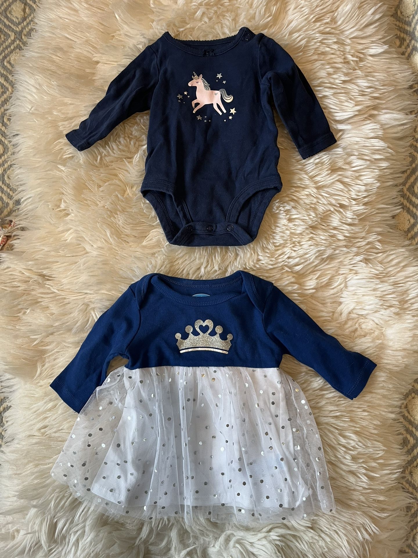 Bundle Of Two Long Sleeve Navy Blue One Piece Dress And Onesie, Princess And Unicorn, 0-3M