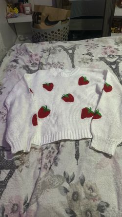 White Knit Sweater with Strawberry Pattern