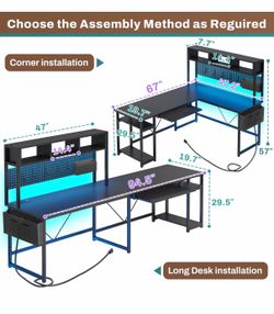 SEDETA L Shaped Gaming Desk, Reversible Computer Desk with Power Outlet and Pegboard, Gaming Desk with Led Lights, Keyboard Tray and Storage Bag for H