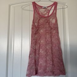 🌸 Sheer Dusty Rose Lace Racerback Tank Top – Romantic Boho Layering Piece - Size Small