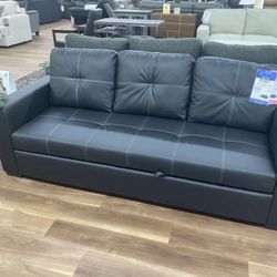 New Black Faux Leather Sofa Couch With Pop Up Sleeper Bed 