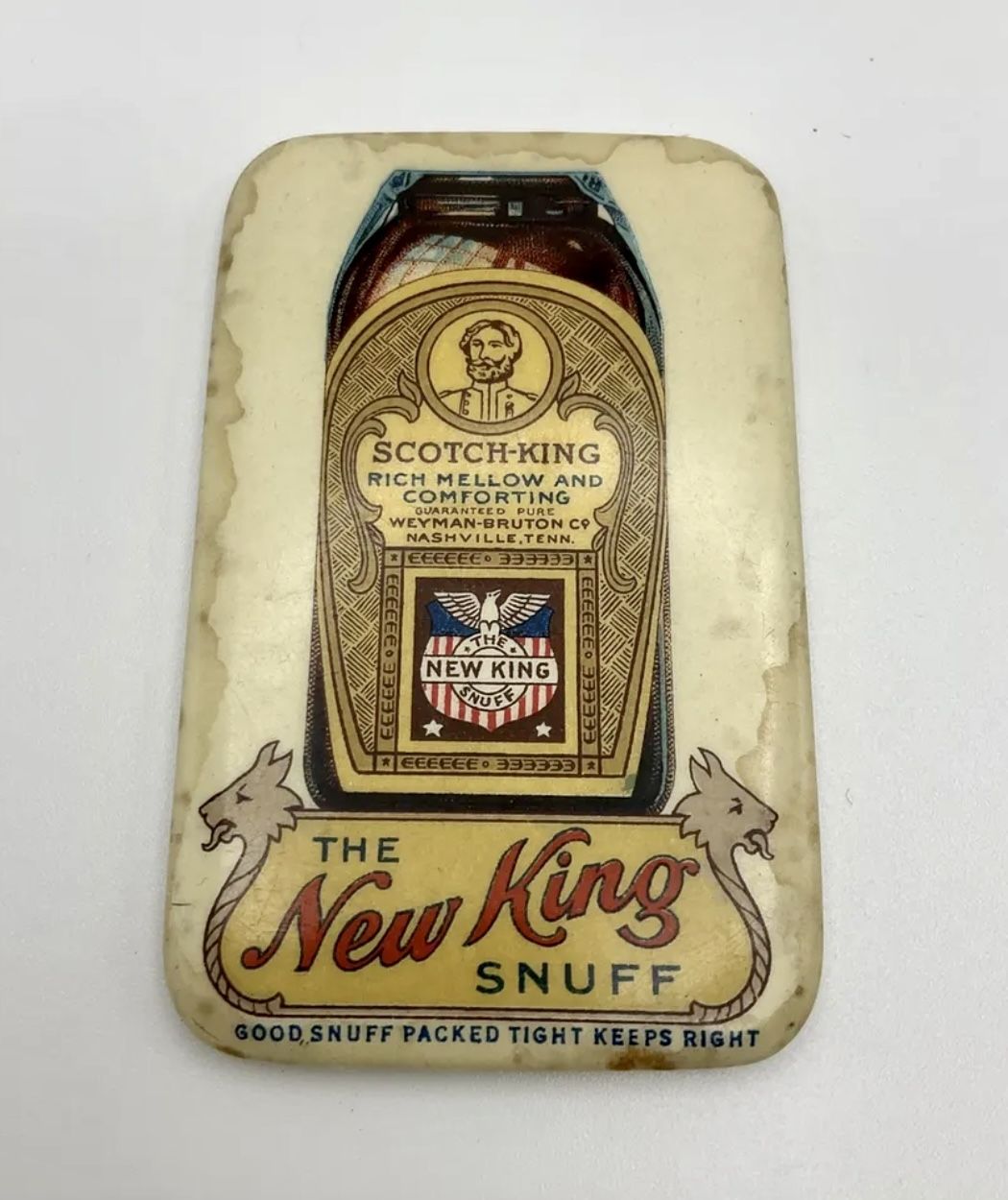 Very Rare Antique 1900's Advertising Pocket Mirror The NEW KING Snuff Scotch Kin