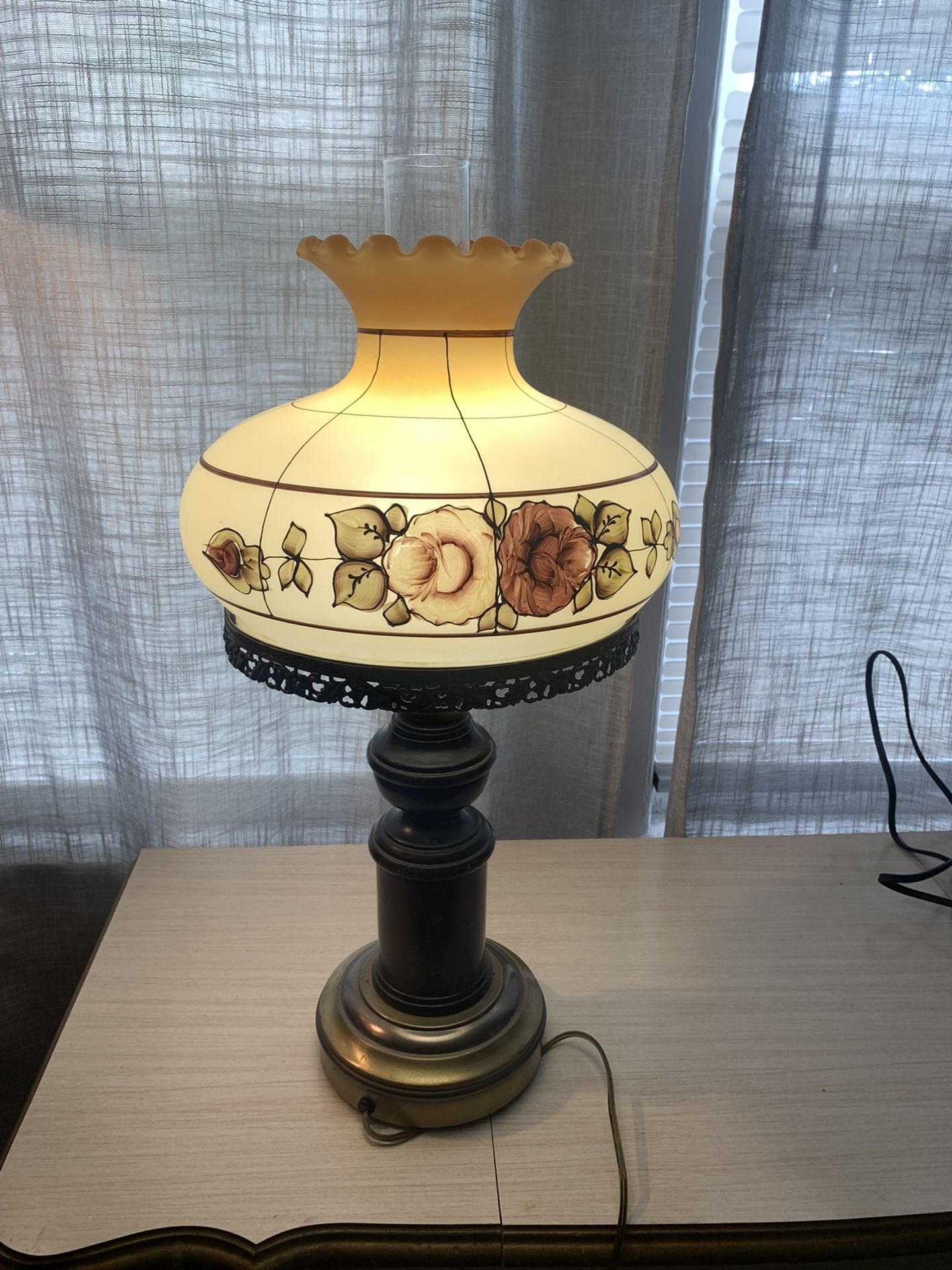 Vintage Floral Table Lamp Reverse Painted Large Glass Shade, Wooden Base, 23”