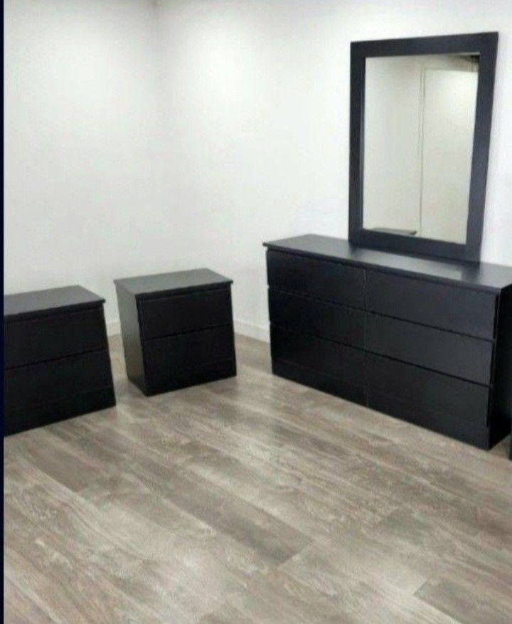 DRESSER WITH MIRROR AND TWO NIGHTSTANDS