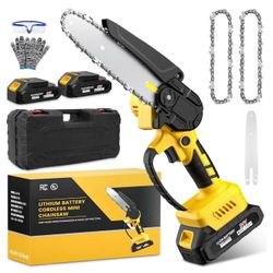 Mini Chainsaw Cordless,6-inch Electric Chain Saw with 2 Lithium Battery Powered,Hand Held Saw for Tree Trimming and Wood Cutting,Best Garden Tools