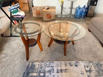Round Glass Top Wood Coffee Table and Side Table