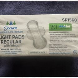 Secure Light Pads Regular with Wings 20 absorbency, individually wrapped, plastic backed, pad length 10.75 inches.