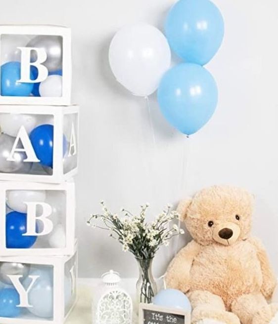 He's Coming!! It's A Boy!!! Blue & White Baby Shower Boxes + Balloons