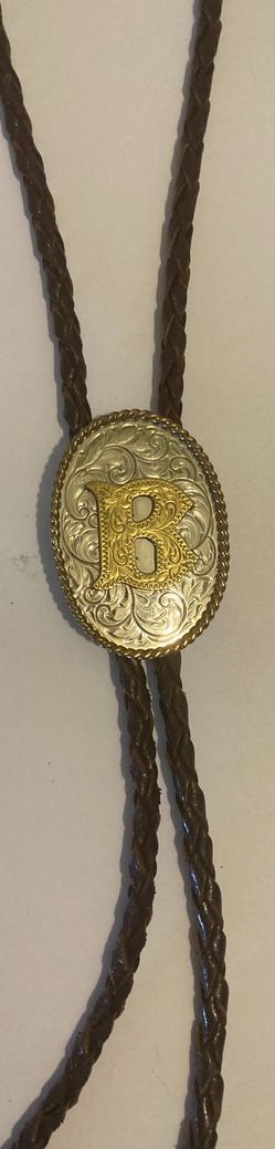 Vintage Metal Bolo Tie, Nice Brass and Silver Letter B, Initial B Design, Nice Western Design, 2" x 1 1/4", Quality, Heavy Duty, Made in USA, Country 
