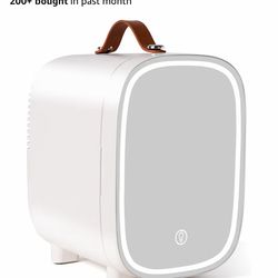 Brand new Mini Fridge for Bedroom, 4 Liter/6 Can Skincare Fridge With LED Mirror & Leather Carrying Handle,12v AC/DC Cooler & Warmer Portable Small Re