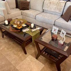 Modern Solid Wood Coffee Table & End Table Set with Glass Tops