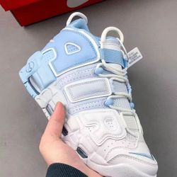 Nike Air More Uptempo Comfortable and versatile High-top Retro Basketball Shoes White and Blue Colorblocking Unisex