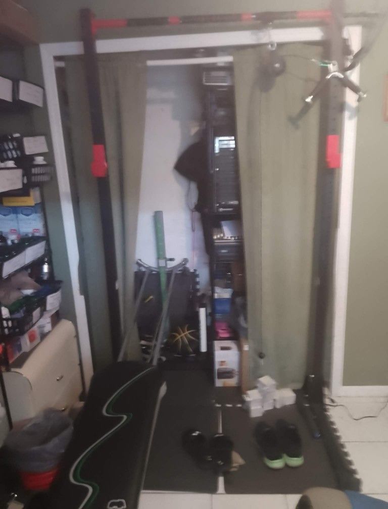 Weight Station, Olympic Bars, Weights, Bumper Plates, Step Platform, Total Gym, Bench, Squat Rack 