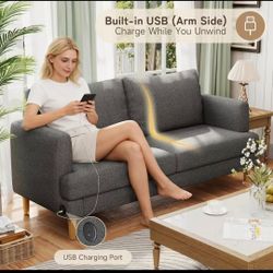 70" Modern Loveseat Sofa with USB Type-C Ports, Linen Fabric 2-Seater Deep Seat Couch, Cozy Small Couch Sofa for Living Room Bedroom Office Apartment 