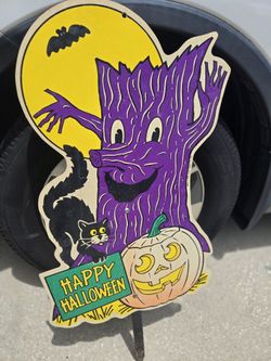 Vintage Halloween Haunted Tree Cat Plastic Sign Decor