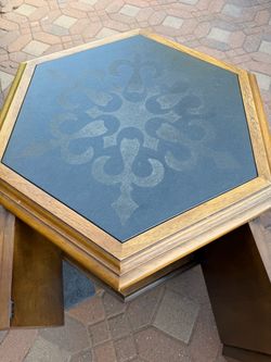 Vintage Spanish slate top, solid wood hexagon end tables