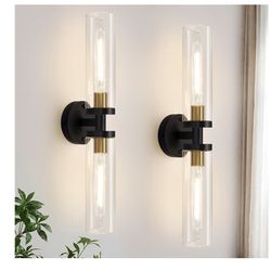 Wall Sconces Set of Two, 22" Black and Gold Bathroom Sconces with Clear Glass