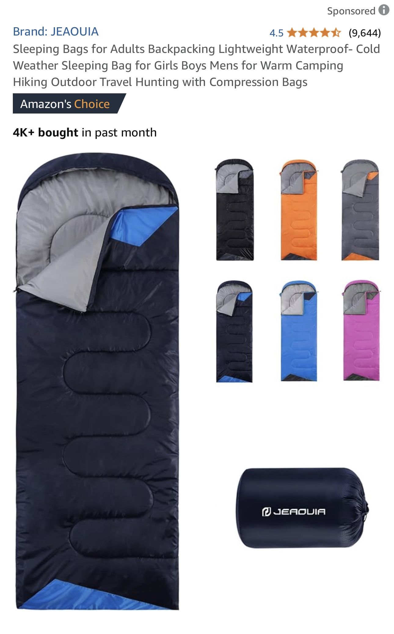 JEAOUIA  Brand New Sleeping Bag For Camping Lightweight Waterproof- Cold Weather Sleeping Bag for Girls Boys Me