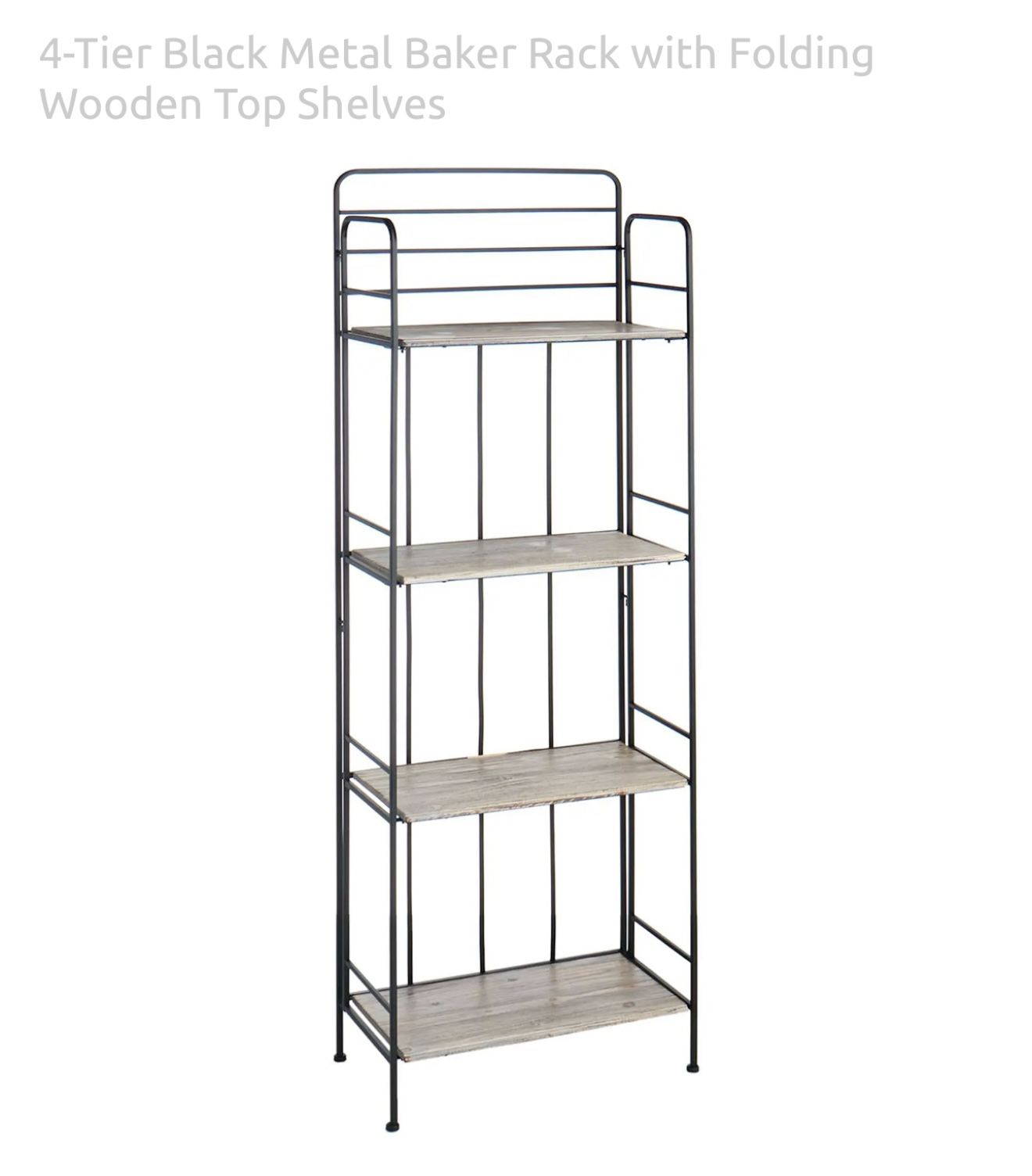 4-Tier Black Metal Baker Rack with Folding Wooden Top Shelves
