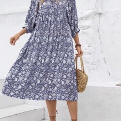 Blue Floral Print Dress 