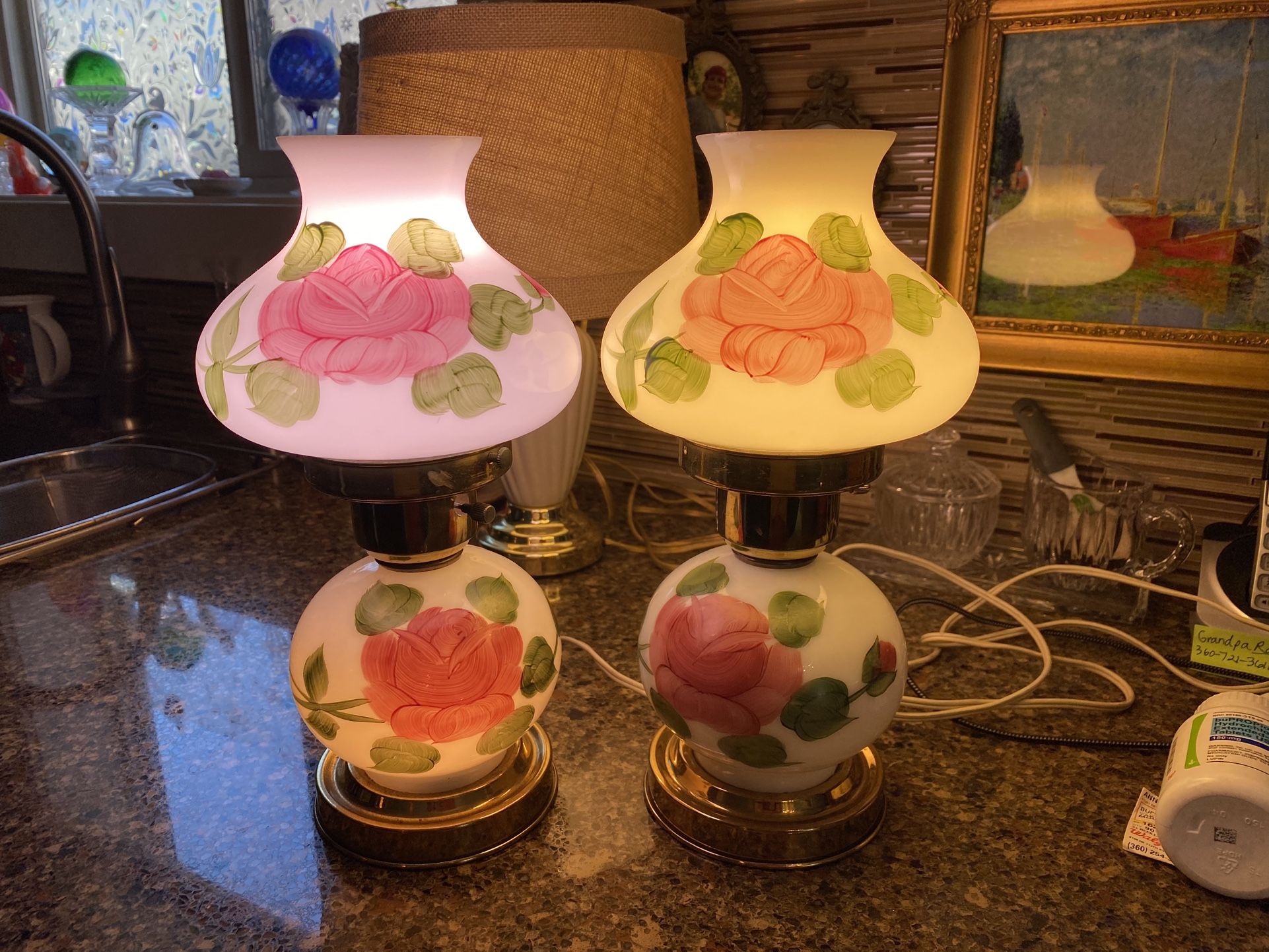 Pair Of Vintage Parlor Hurricanes Lamps - Hand Painted 
