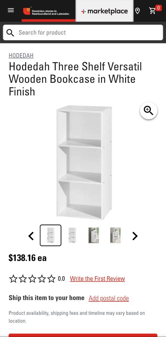 Hodedah Import White Wooden 36" 3 Shelf Bookcase