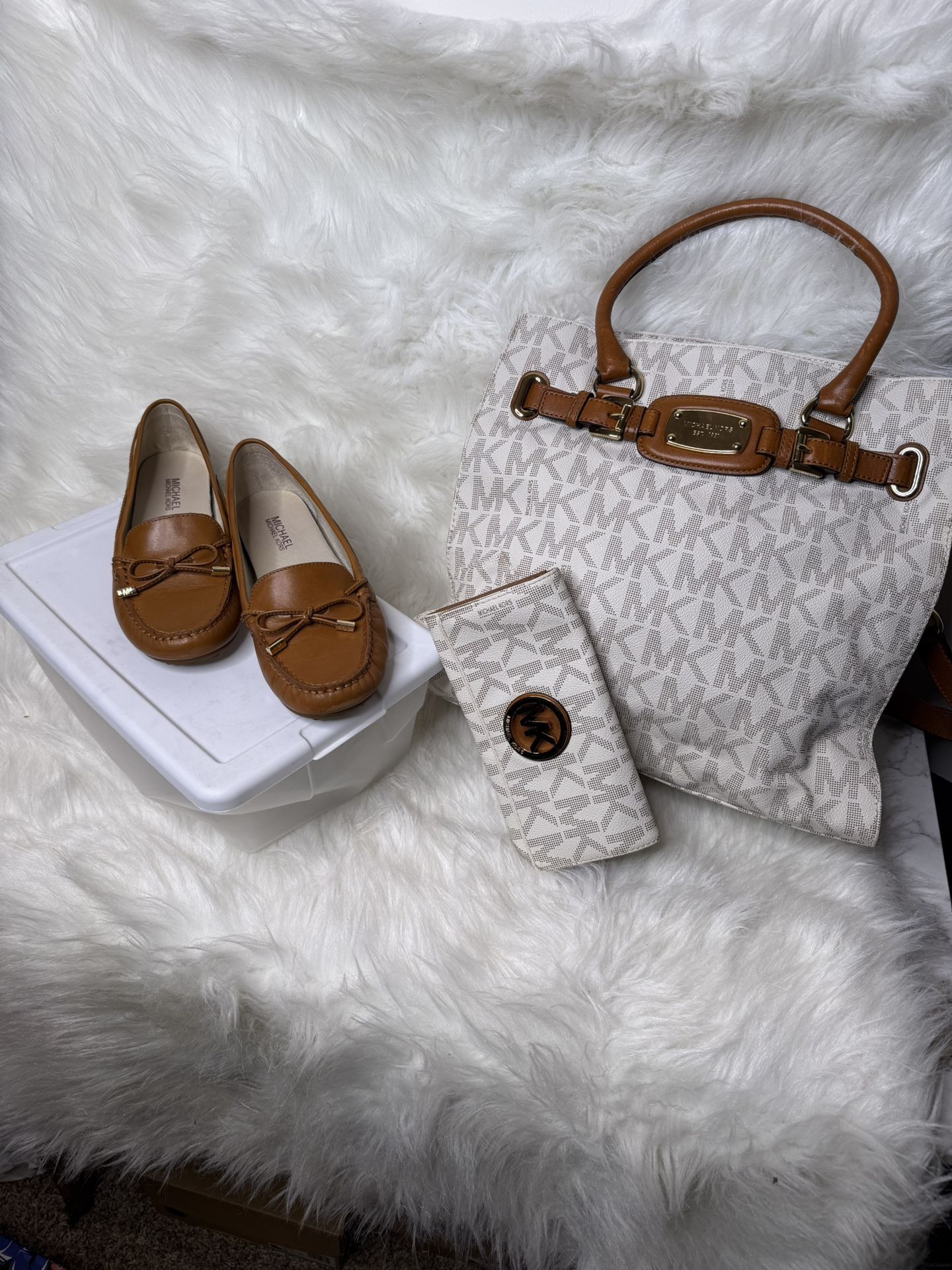 Michael Kors Cream/ Brown Tote, Wallet, And Loafers