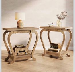 Set of 2,  2-Tier End Table, Narrow Wood Side Table with Storage Shelves