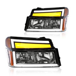 LED DRL Headlight, Headlights Assembly Kit Compatible with 2004-2012 Chevy Colorado/2004-2012 GMC Canyon Replacement Headlamp Chrome Housing Amber Ref