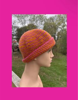 NEW Handmade Crochet Beanie Winter Hat Beanie Handcrafted Wool Pink & Orange ( I ship)