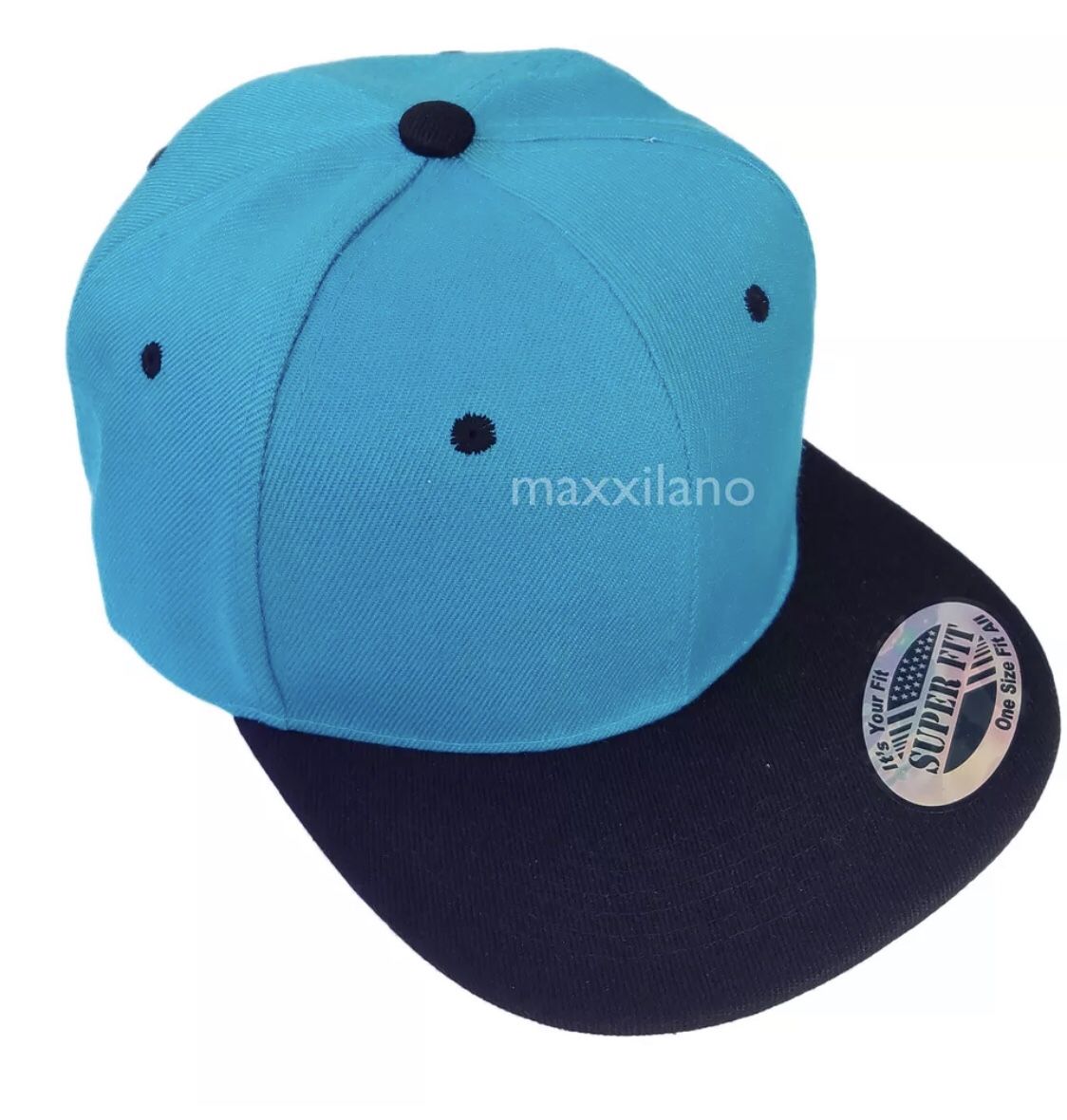 LOGA Teal and Black Blank Plain Polyester Snapback Hat Plastic Snap Flat Visor High Crown