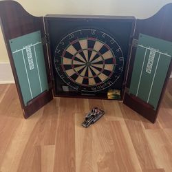 Dart board with darts