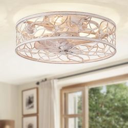 Caged Ceiling Fans with Lights, White Flush Mount Ceiling Fan with Remote, Small Low Profile Bladeless Ceiling Fan Light Fixture for Bedroom, Kitchen,