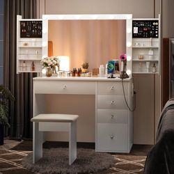 Makeup Vanity Desk with Lighted Mirror & Power Outlet & 5 Drawers, Vanity Table with 3 Lighting Modes Brightness Adjustable, Sliding Storage, White Va