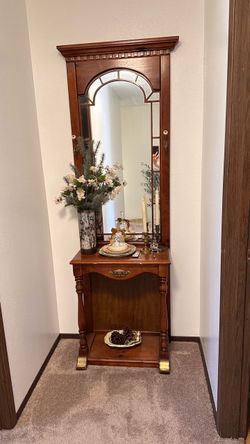Vintage Wood Hall Tree / Entryway Console with Large Mirror – $130